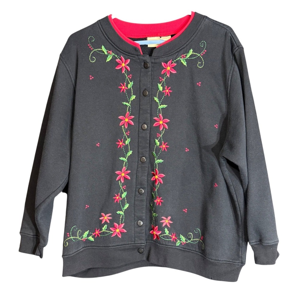 CC Hughes Womens Size 1X Black Embroidered Floral Sweatshirt Cardigan Buttons - Picture 2 of 13